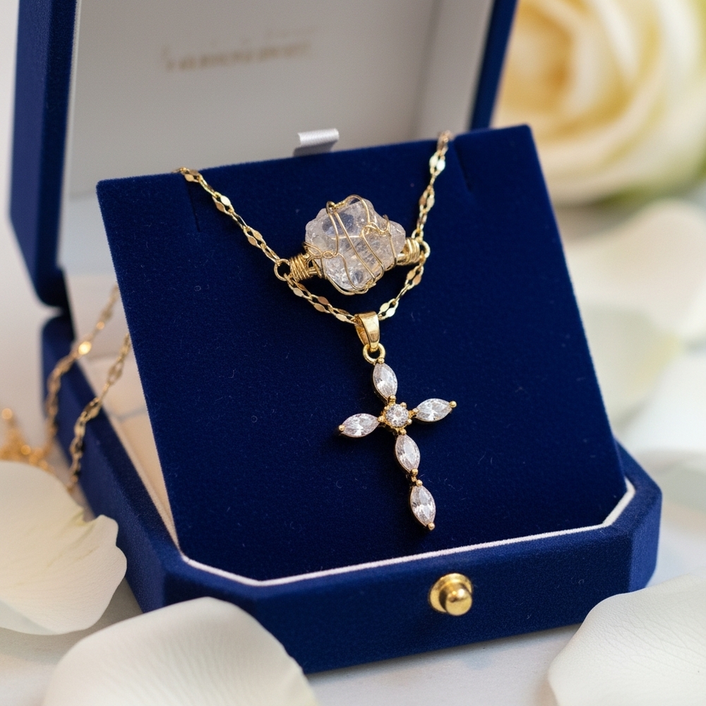 Gold-Plated Stainless Steel Cross Necklace & Natural Stone Ring (Boxed)